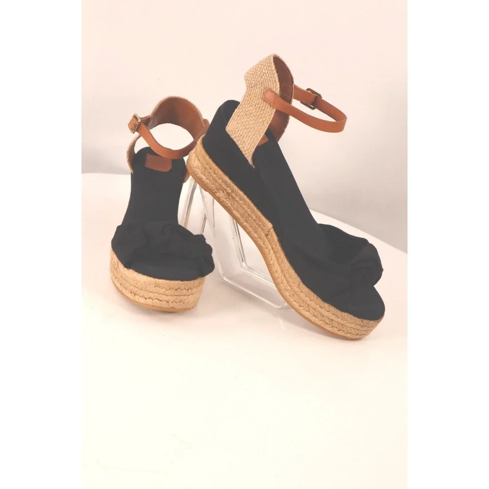 Tory Burch Knotted Bow Espadrille Wedge Sandals Black/Tan Leather Strap Size 10 - Picture 7 of 10